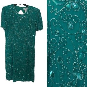 AP LTD Dress Vintage Beaded Blue Green 90s Silk Disco Scalloped Sleeves Size 12